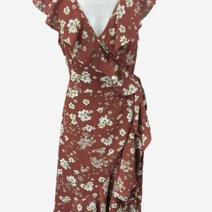 Max Studio Asymmetrical Floral Dress in Brown and White
